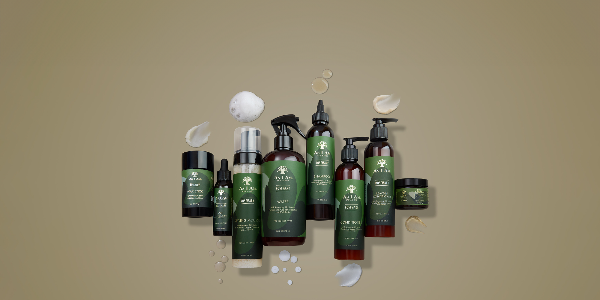 As I Am Rosemary Collection: un sistema de cuidado capilar de 8 productos con romero, biotina, melatonina, tripéptido de cobre y ceramidas. Incluye champú de menta acuática, acondicionador, sin aclarado, barra de cera, control de bordes, espuma de peinado y aceite para el cabello y el cuero cabelludo, todos ellos formulados para fortalecer, engrosar y promover el crecimiento sano del cabello a la vez que nutren el cuero cabelludo.