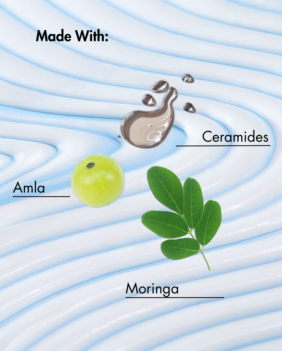 Diagrama que muestra Amla, Moringa y Ceramidas sobre un fondo azul ondulado.