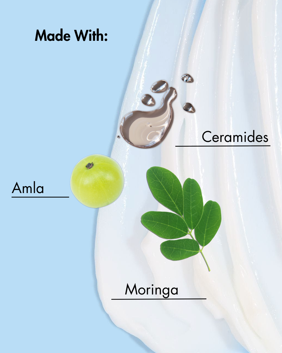 Producto etiquetado "Hecho con:" con Amla, Ceramidas y Moringa sobre un fondo azul claro.