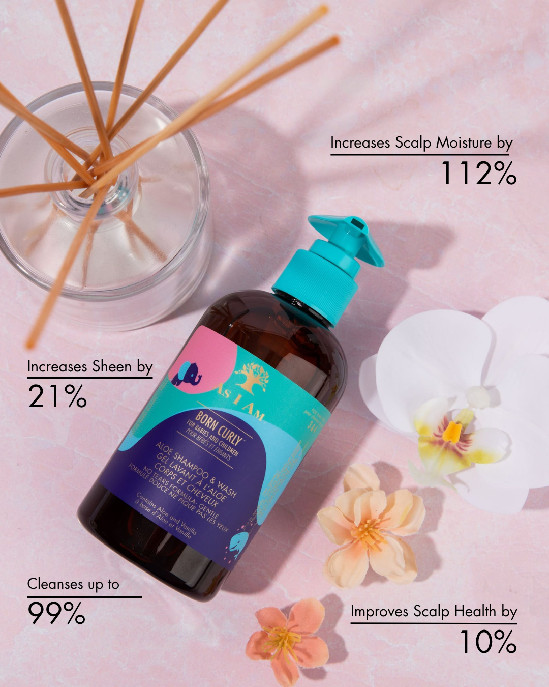 Botella de producto para el cuidado del cabello con elementos decorativos sobre fondo rosa