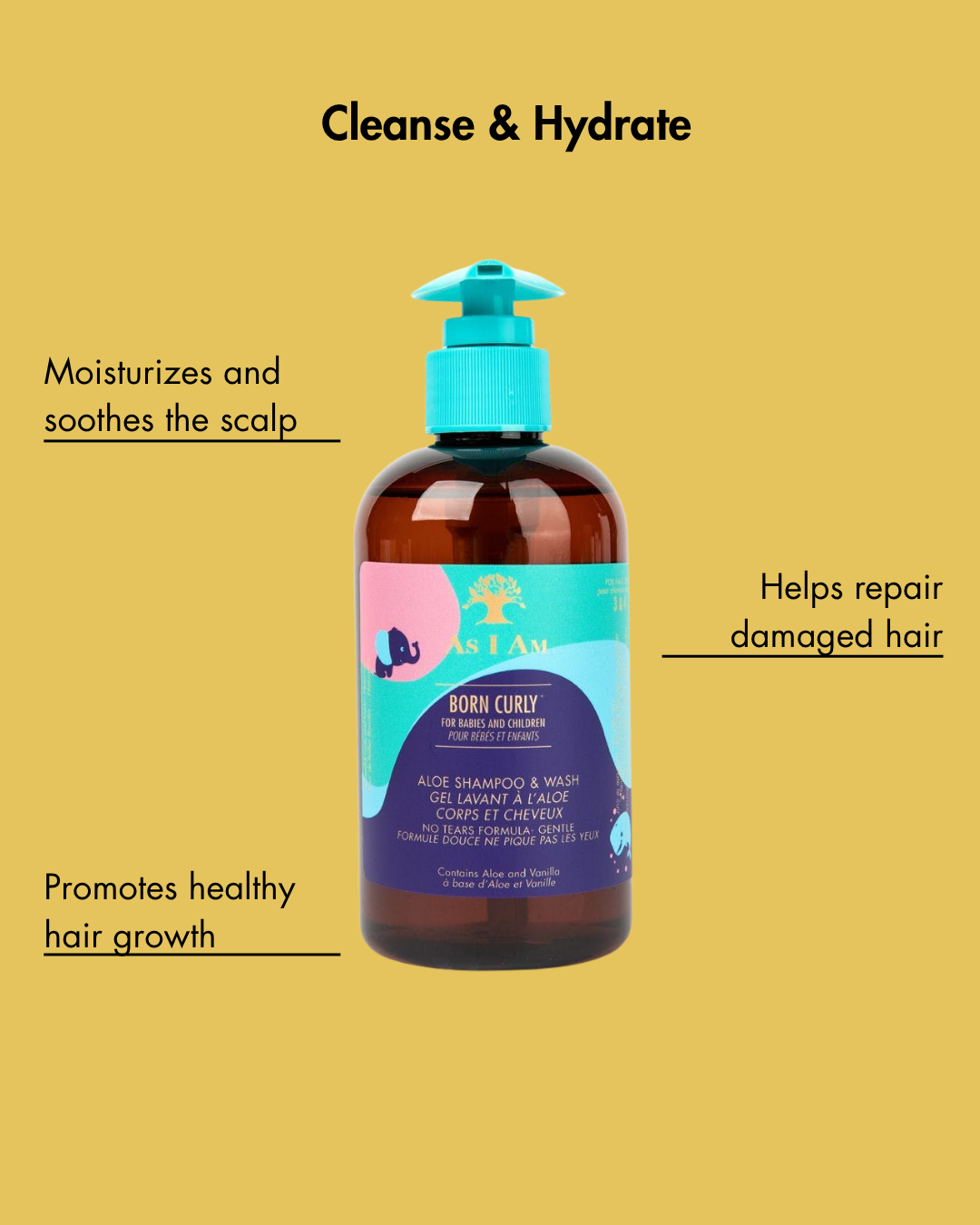 Botella de producto para el cuidado del cabello Born Curly sobre fondo amarillo con texto sobre sus beneficios.