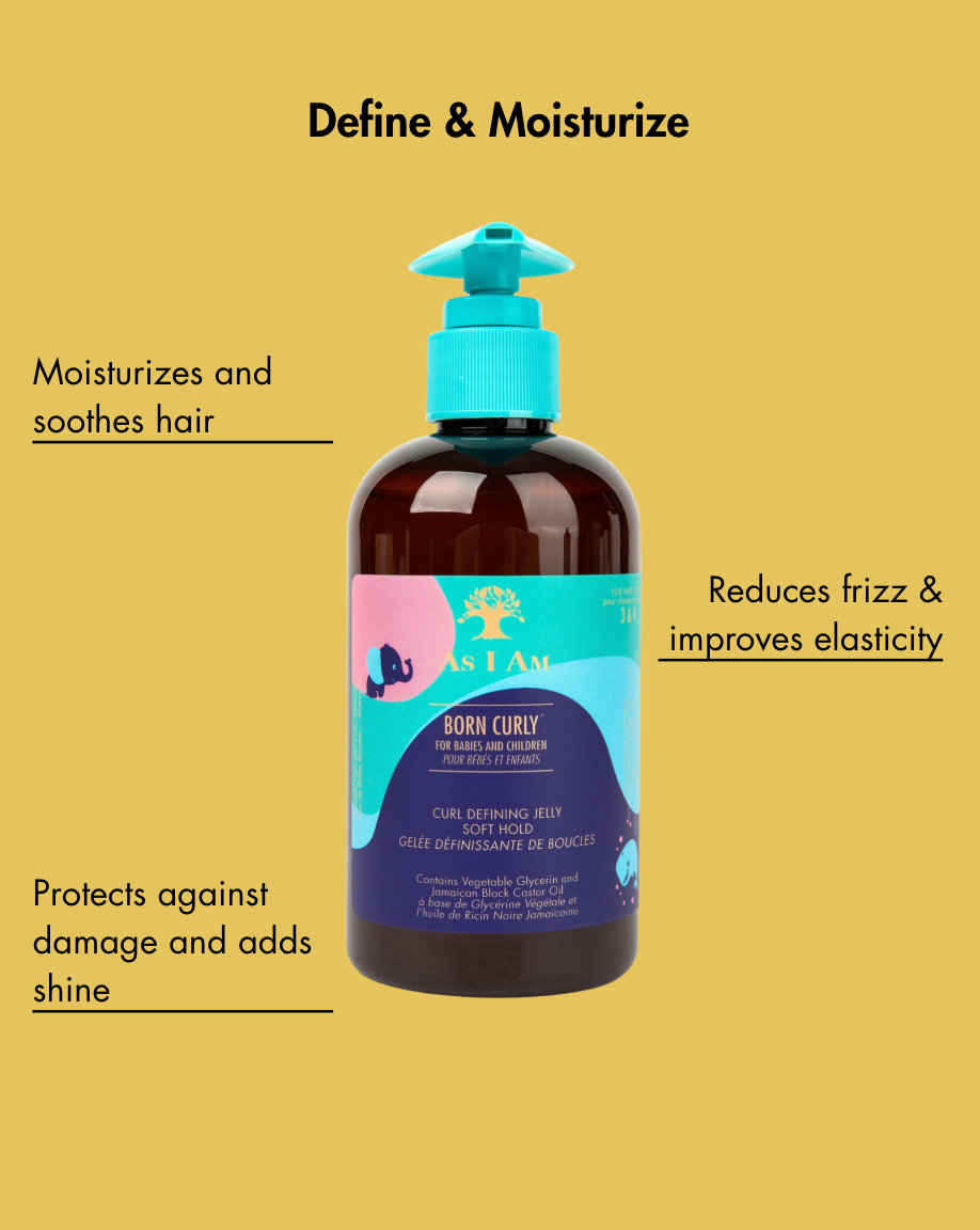 Botella de producto para el cuidado del cabello con texto sobre fondo amarillo