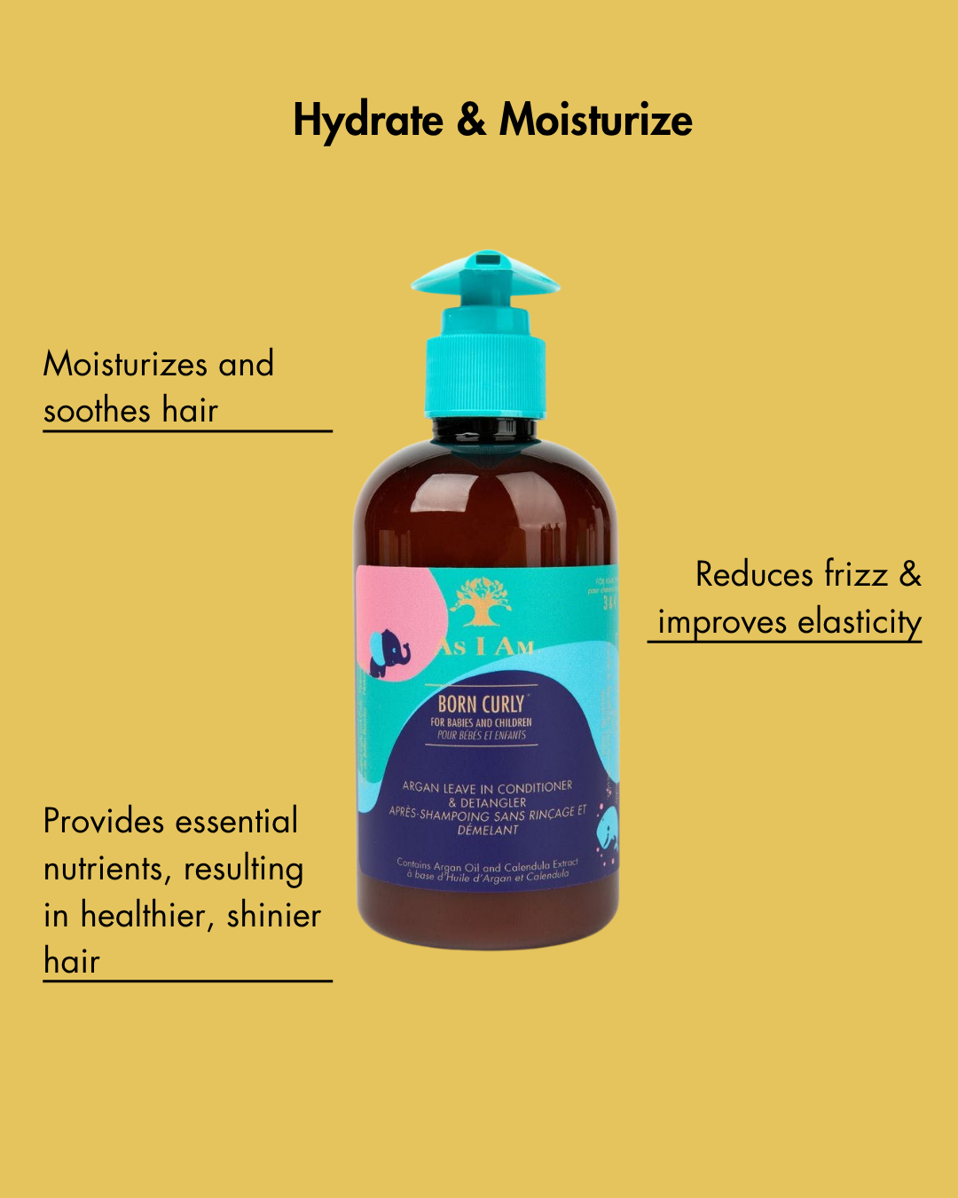 Botella de producto para el cuidado del cabello con texto sobre fondo amarillo
