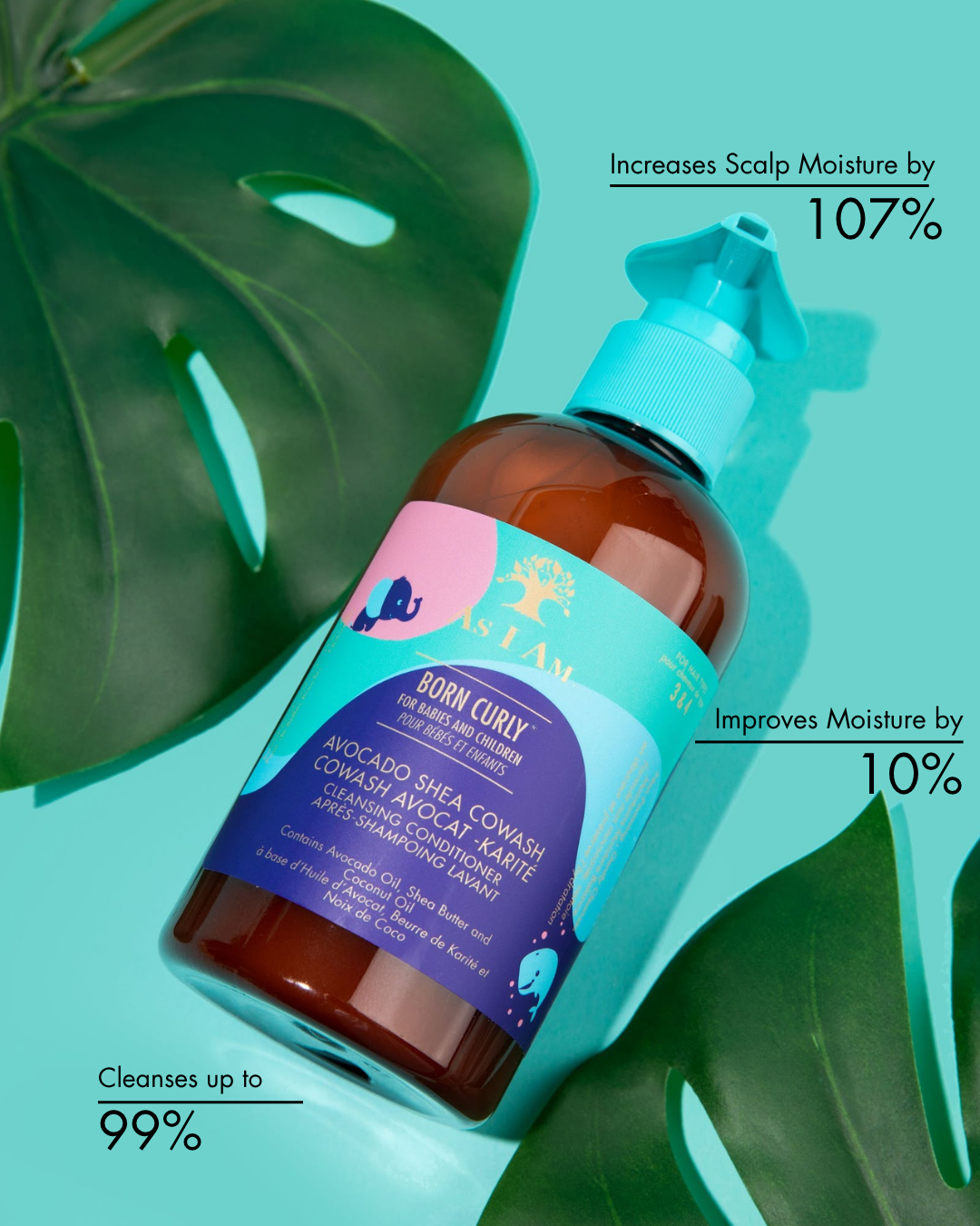 Botella de producto para el cuidado del cabello con hojas verdes sobre fondo azul claro