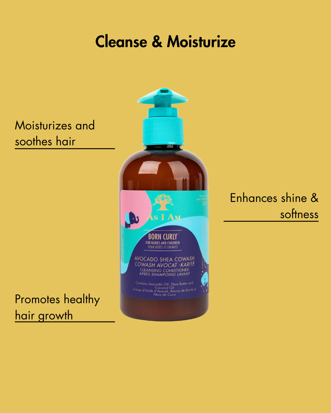 Botella de producto para el cuidado del cabello con texto sobre fondo amarillo