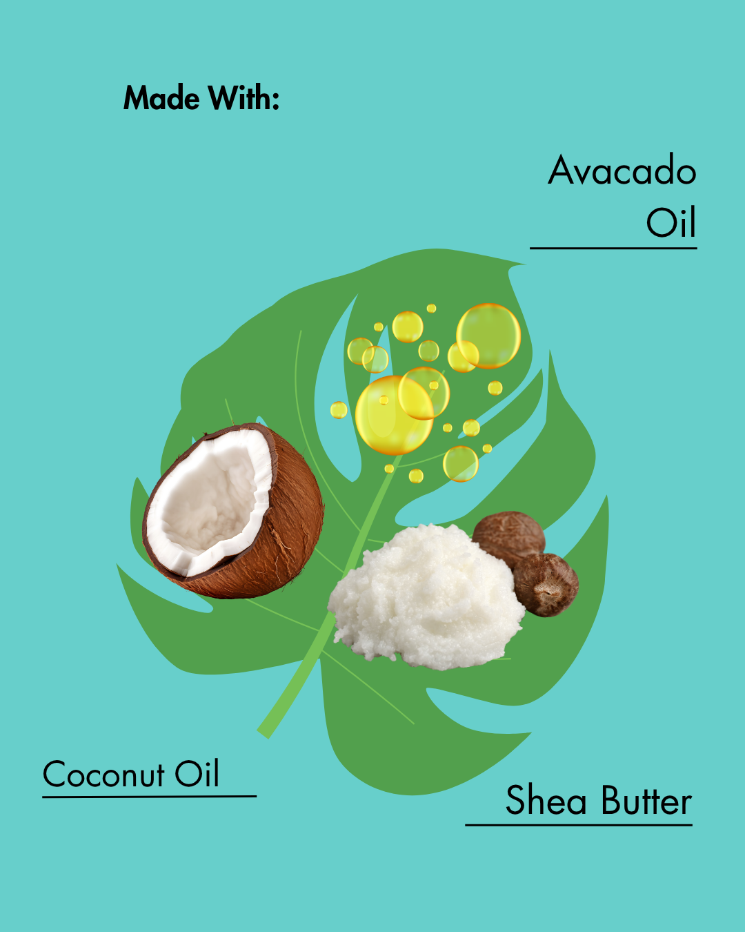 Ilustración de aguacate, coco y manteca de karité con texto sobre fondo verde azulado