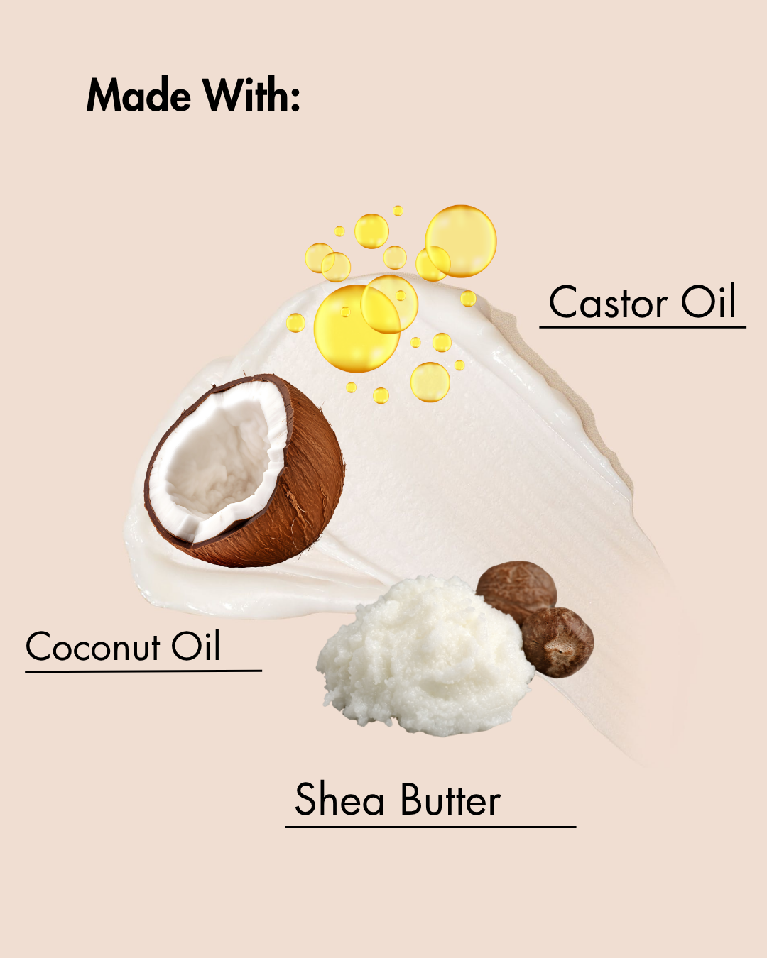Ingredientes utilizados en un producto, incluidos el aceite de coco, la manteca de karité y el aceite de ricino, sobre un fondo beige.