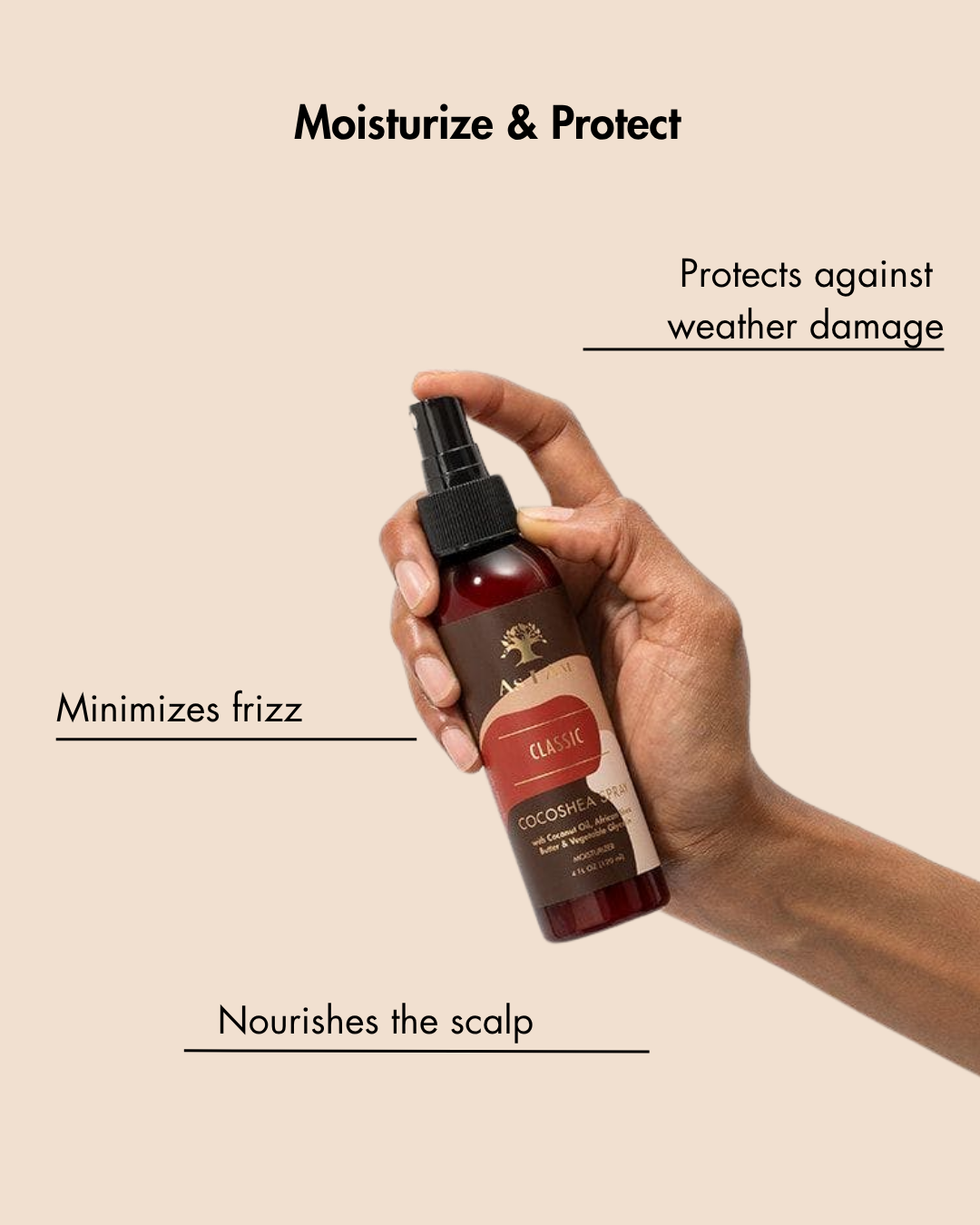 Mano sosteniendo una botella de producto para el cuidado del cabello con texto destacando sus beneficios sobre fondo beige.