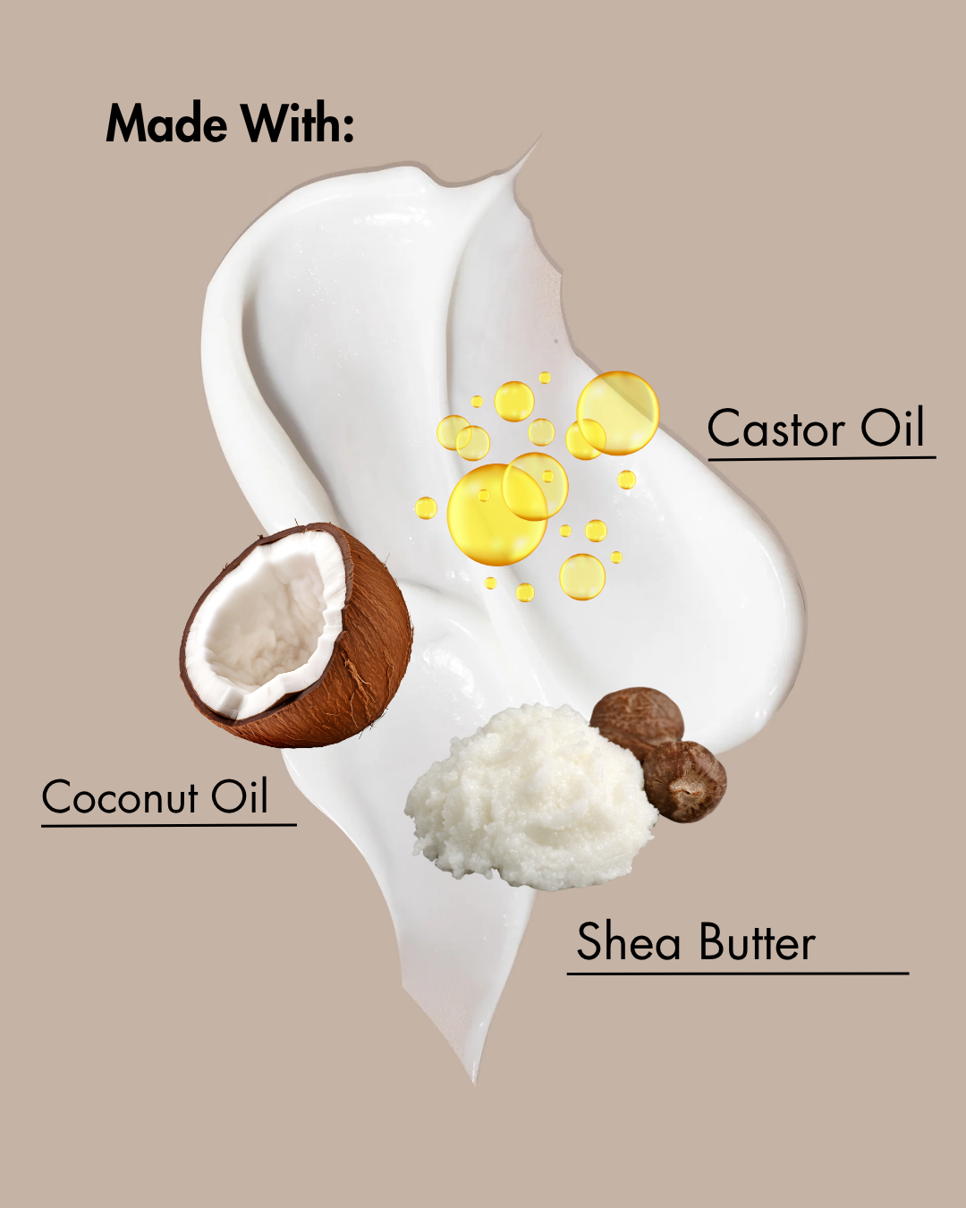 Ilustración de un producto para el cuidado de la piel con aceite de coco, manteca de karité y aceite de ricino etiquetado sobre fondo beige.