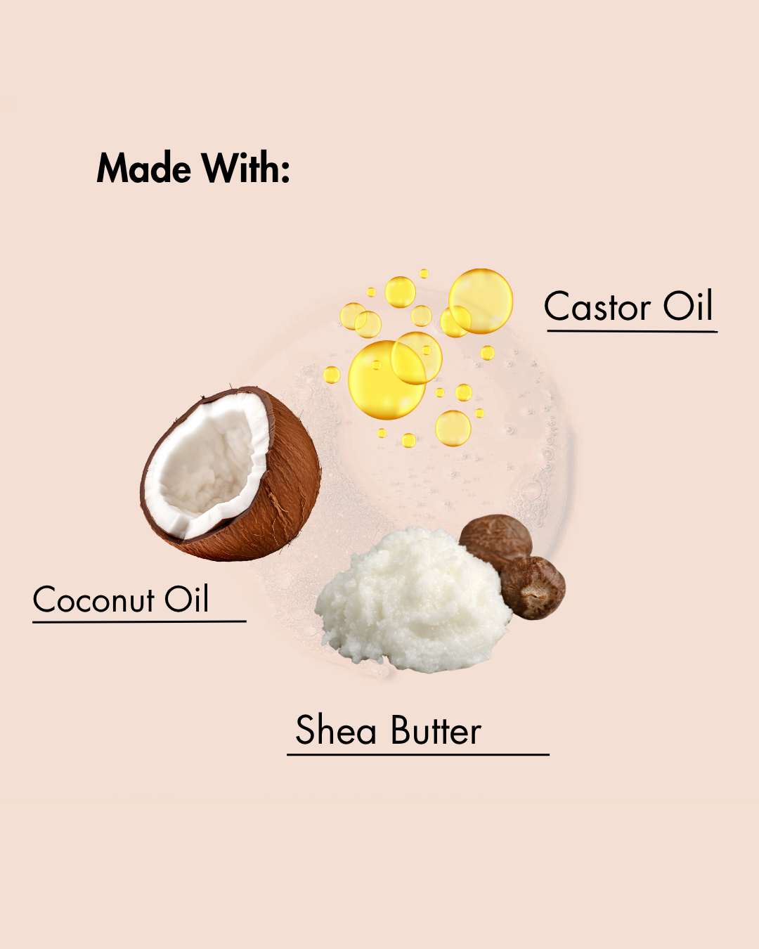 Ingredientes enumerados como "Hecho con:" incluyendo aceite de coco, manteca de karité y aceite de ricino sobre un fondo beige.