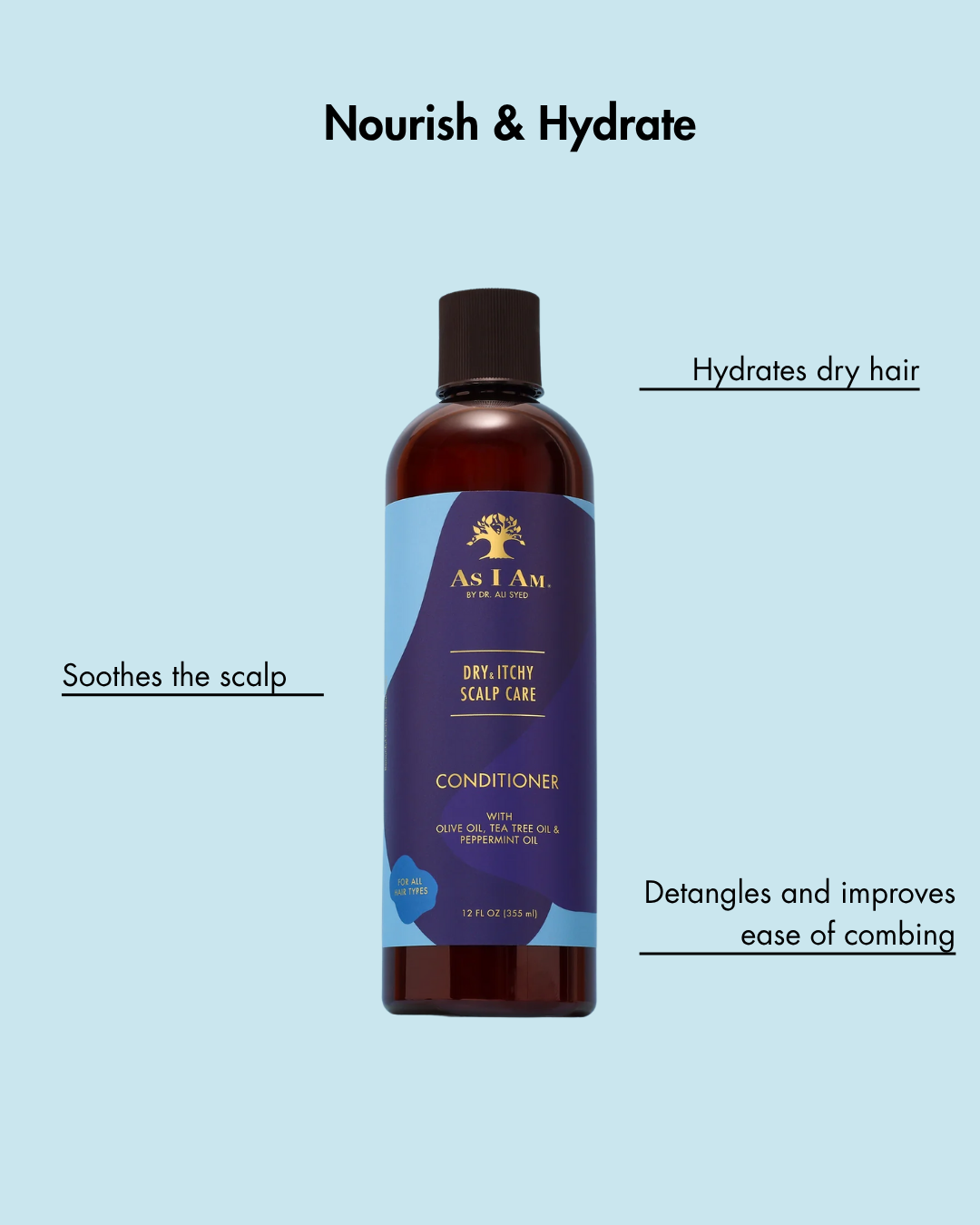 Botella de As I Am Dry Itchy Scalp Care Conditioner sobre fondo azul claro