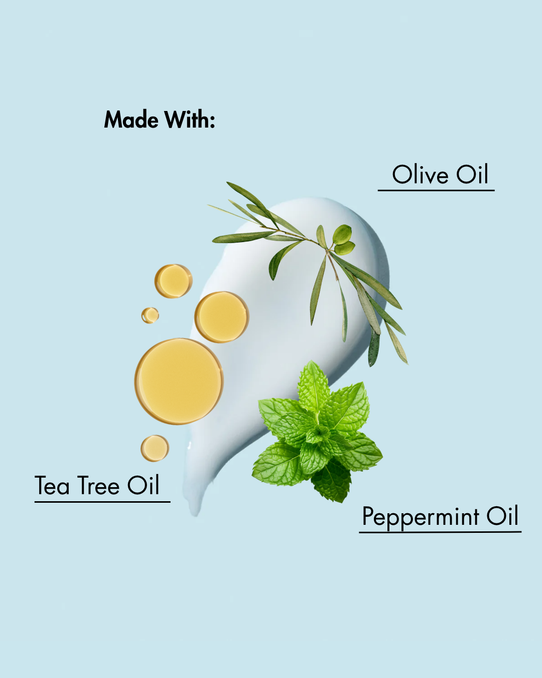 Producto con aceite de oliva, aceite del árbol del té y aceite de menta etiquetado sobre fondo azul claro.