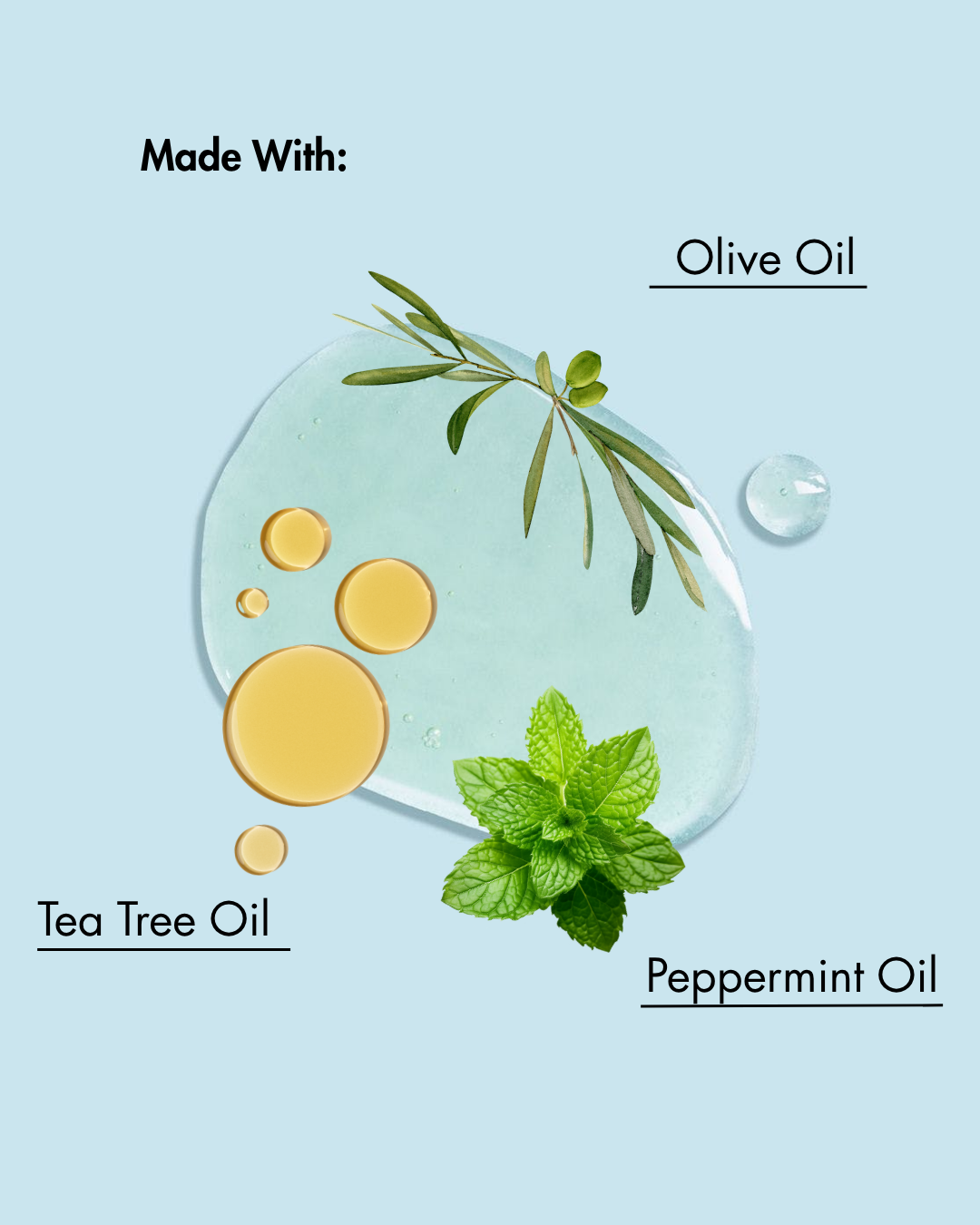 Gotitas de aceite de oliva, aceite del árbol del té y aceite de menta con hojas sobre fondo azul claro.