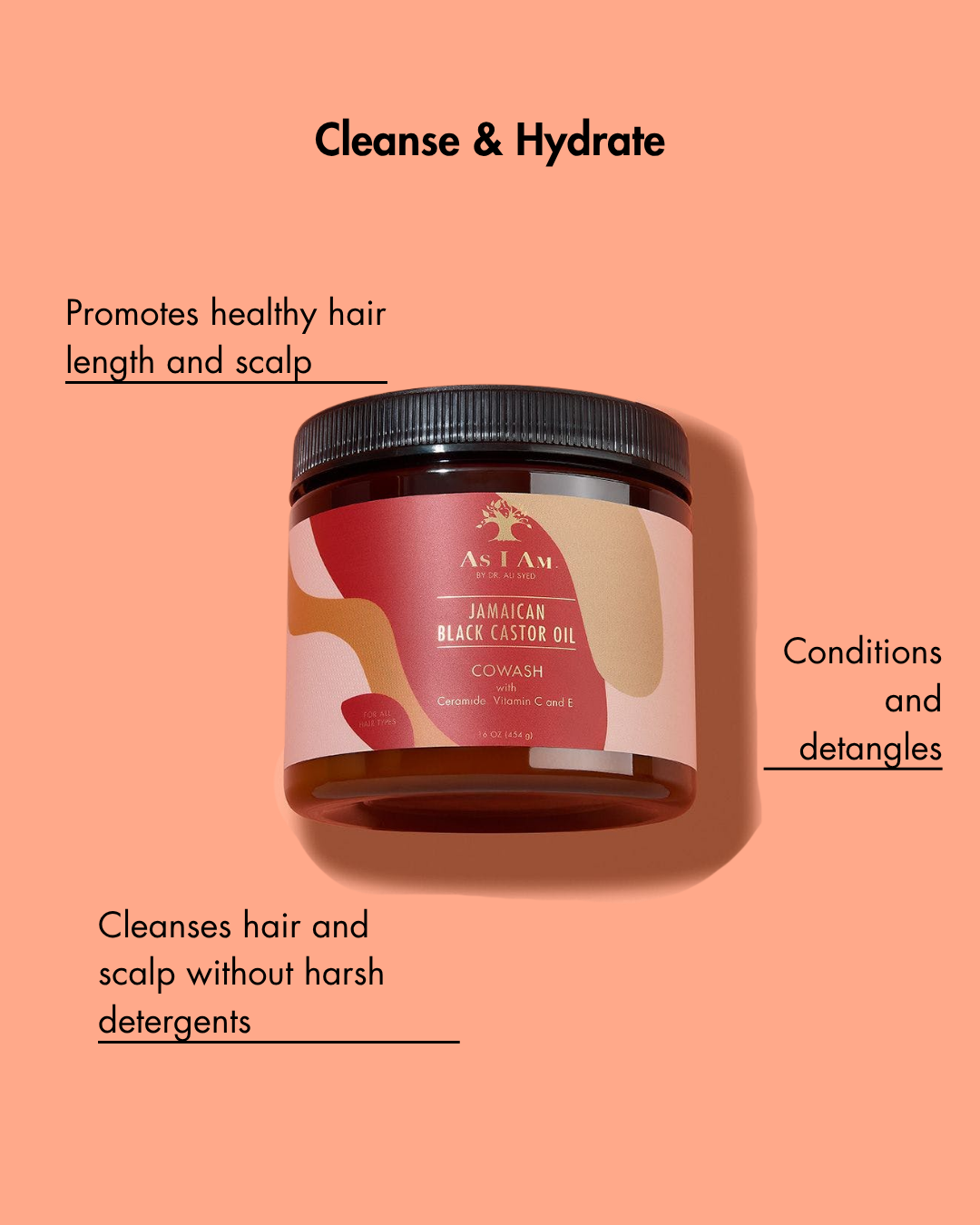 Producto de aceite de ricino negro jamaicano sobre fondo melocotón con texto sobre los beneficios para el cuidado del cabello.