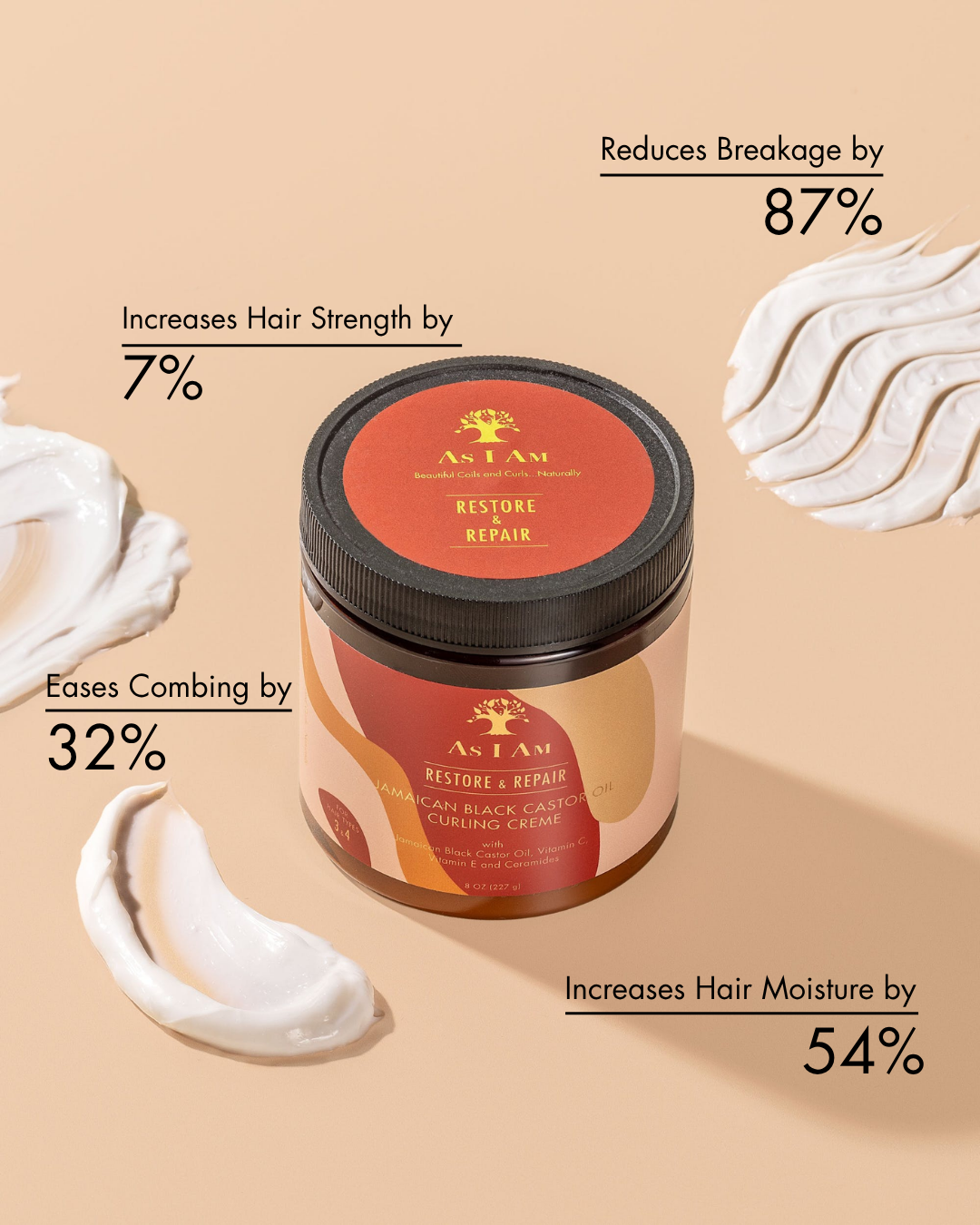 Tarro de crema de peinado As I Am Restore & Repair con texto sobre fondo beige