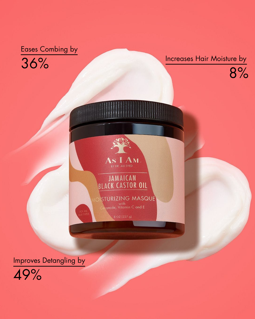 Tarro de As I Am Jamaican Black Castor Oil Moisturizing Masque con los beneficios del producto sobre fondo rosa