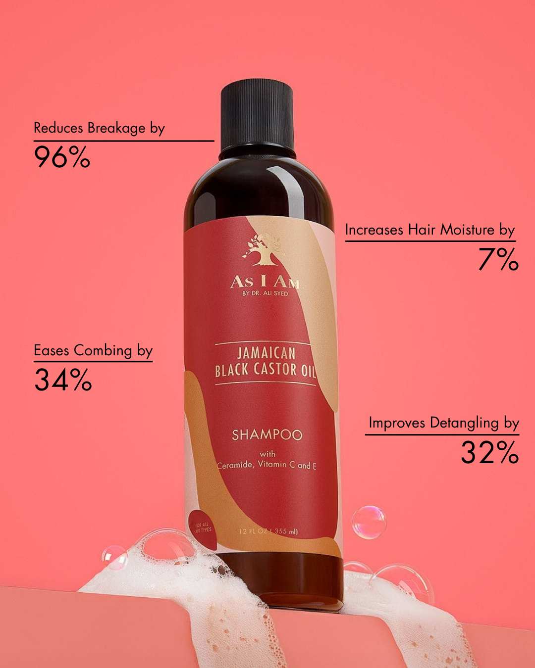 Frasco de champú de aceite de ricino negro jamaicano As I Am con los beneficios del producto sobre fondo rosa