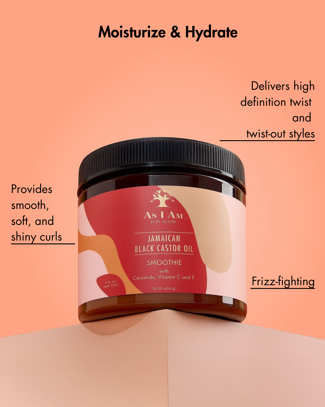 Tarro de batido de aceite de ricino negro jamaicano con los beneficios del producto sobre un fondo de melocotón.