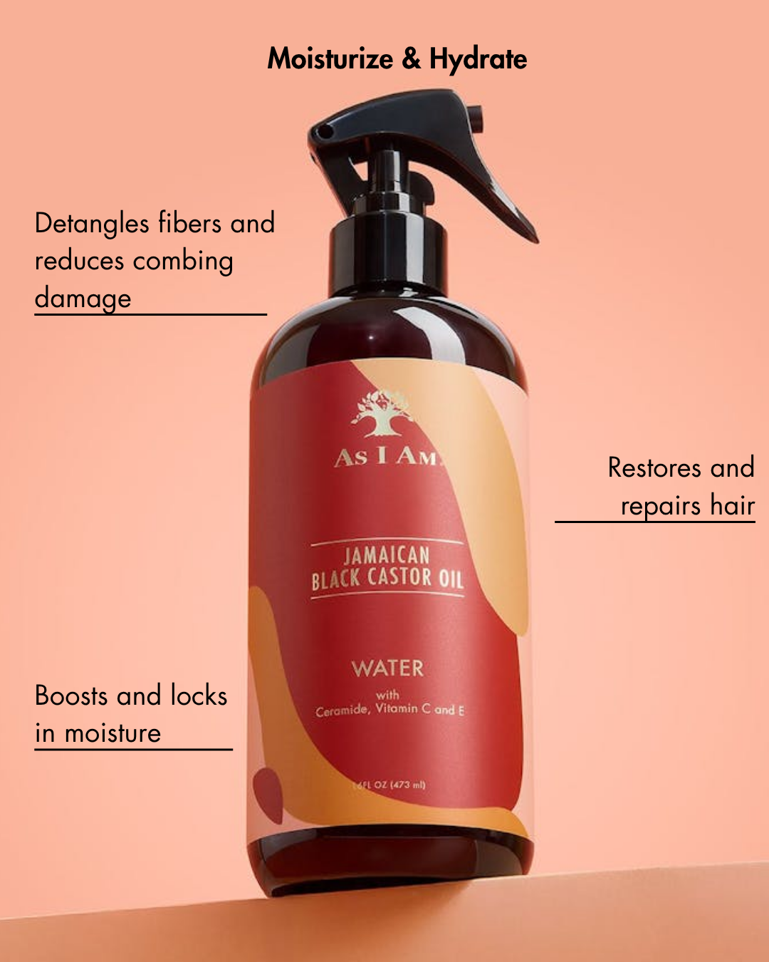 As I Am Jamaican Black Castor Oil Botella de agua sobre fondo melocotón con texto sobre los beneficios del producto.