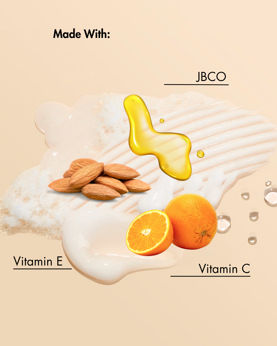 Los ingredientes del producto incluyen almendras, naranjas y un líquido amarillo con la etiqueta "JBCO" sobre un fondo beige.