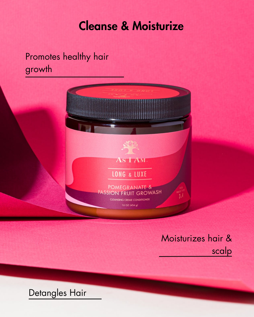 Tarro de producto para el cuidado del cabello con fondo rosa y texto sobre sus beneficios