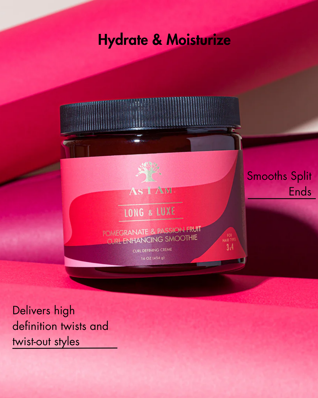 Tarro de producto para el cabello con diseño rosa y negro sobre fondo rosa