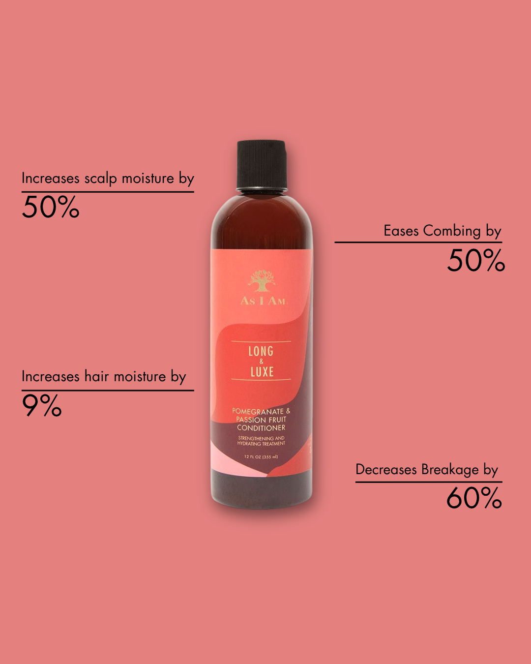 Botella de acondicionador As i am Long & Luxe con los beneficios del producto sobre fondo rosa