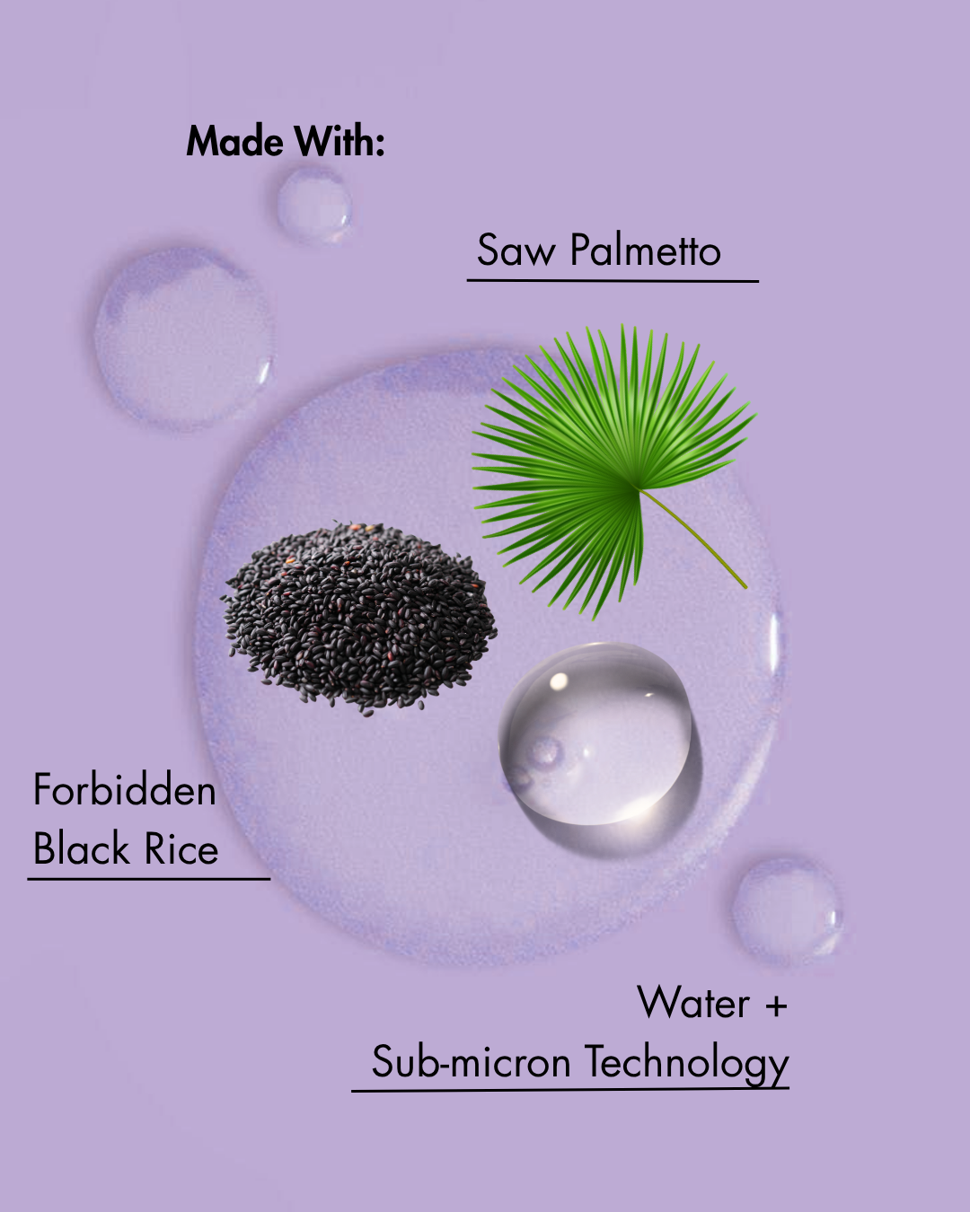 Ingredientes utilizados en un producto sobre fondo morado con gotas de agua.
