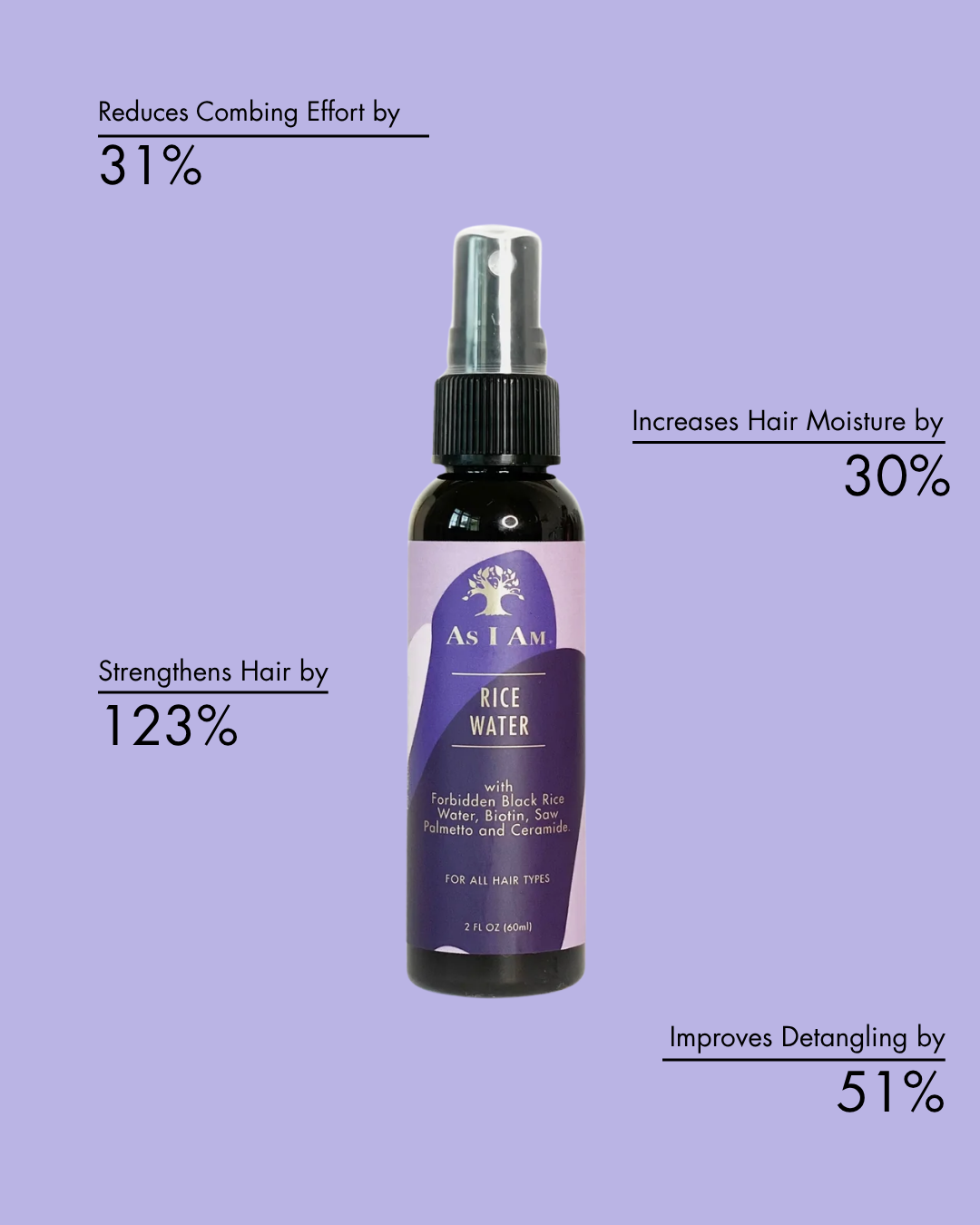 Botella de agua de arroz As I Am con texto sobre fondo morado