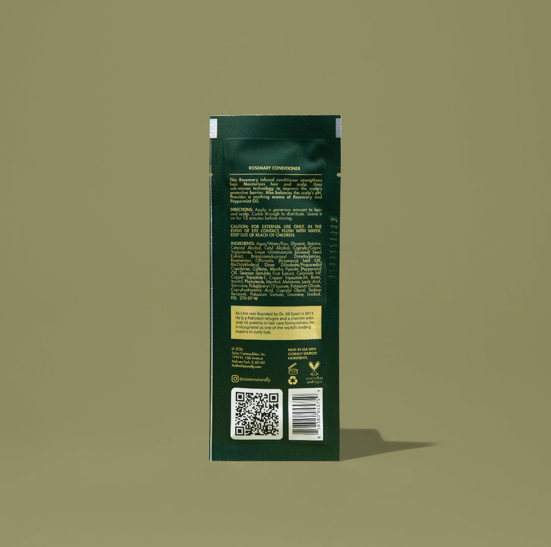 AS I AM Acondicionador de Romero en una bolsita de 1 onza, con una textura rica y cremosa, formulada para hidratar en profundidad, fortalecer y desenredar a la vez que favorece el crecimiento del cabello, reduce la rotura y calma el cuero cabelludo.