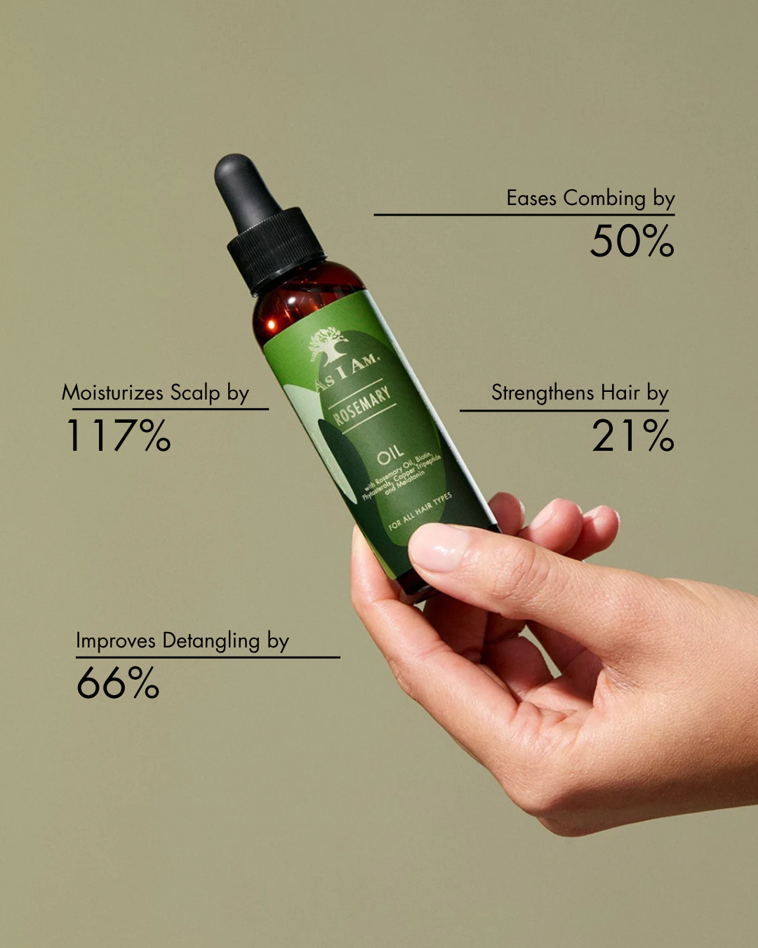Mano que sostiene una botella de aceite para el cabello verde con el texto sobre los beneficios contra un fondo beige