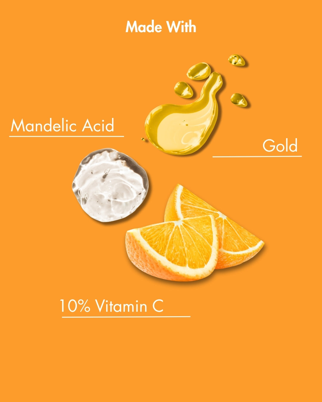 Ingredientes del producto sobre fondo naranja con ácido mandélico, oro y vitamina C.