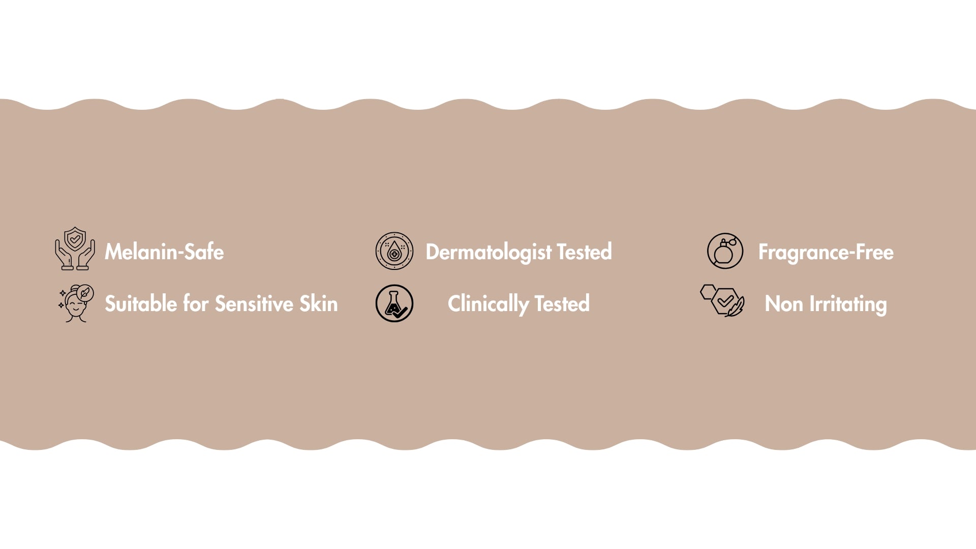 Etiqueta de producto con iconos de seguridad e idoneidad sobre fondo beige