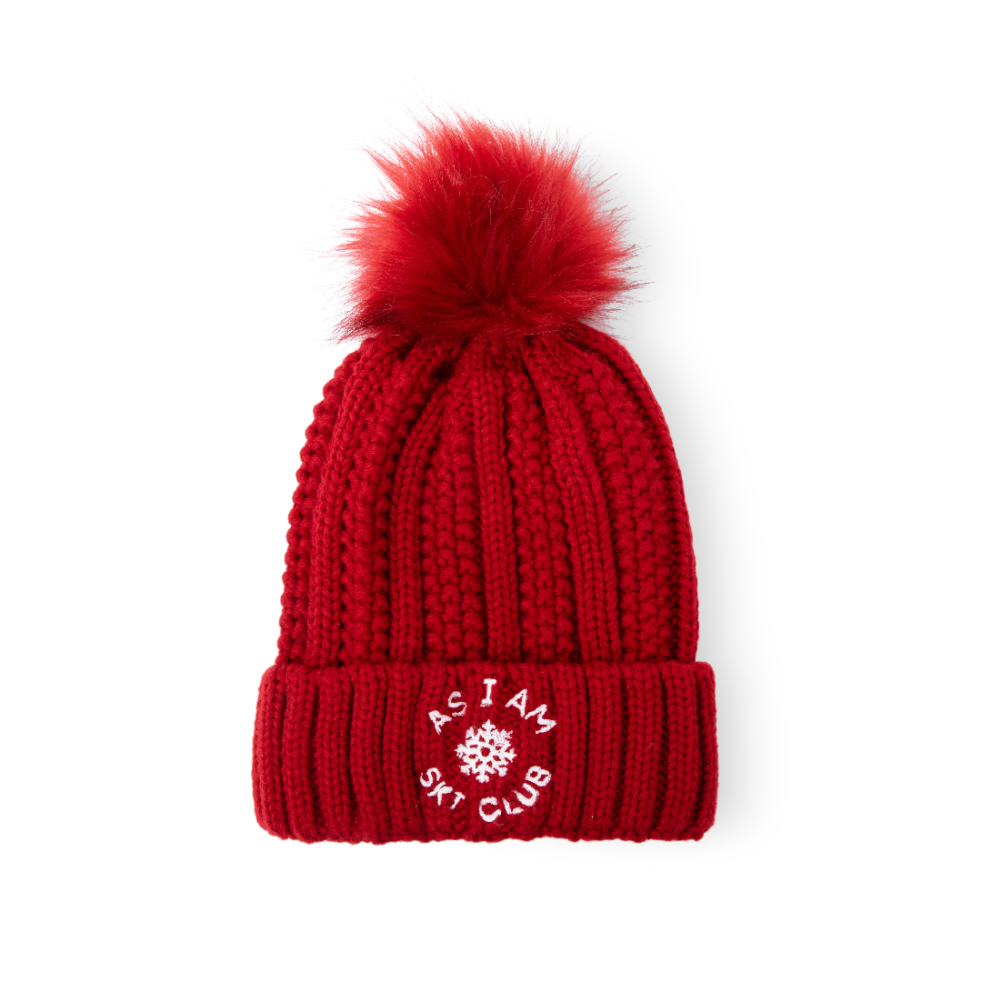 Gorro Ski Club Satin-Lined Beanie en rojo, diseñado para abrigar y proteger el pelo con un suave forro de satén.