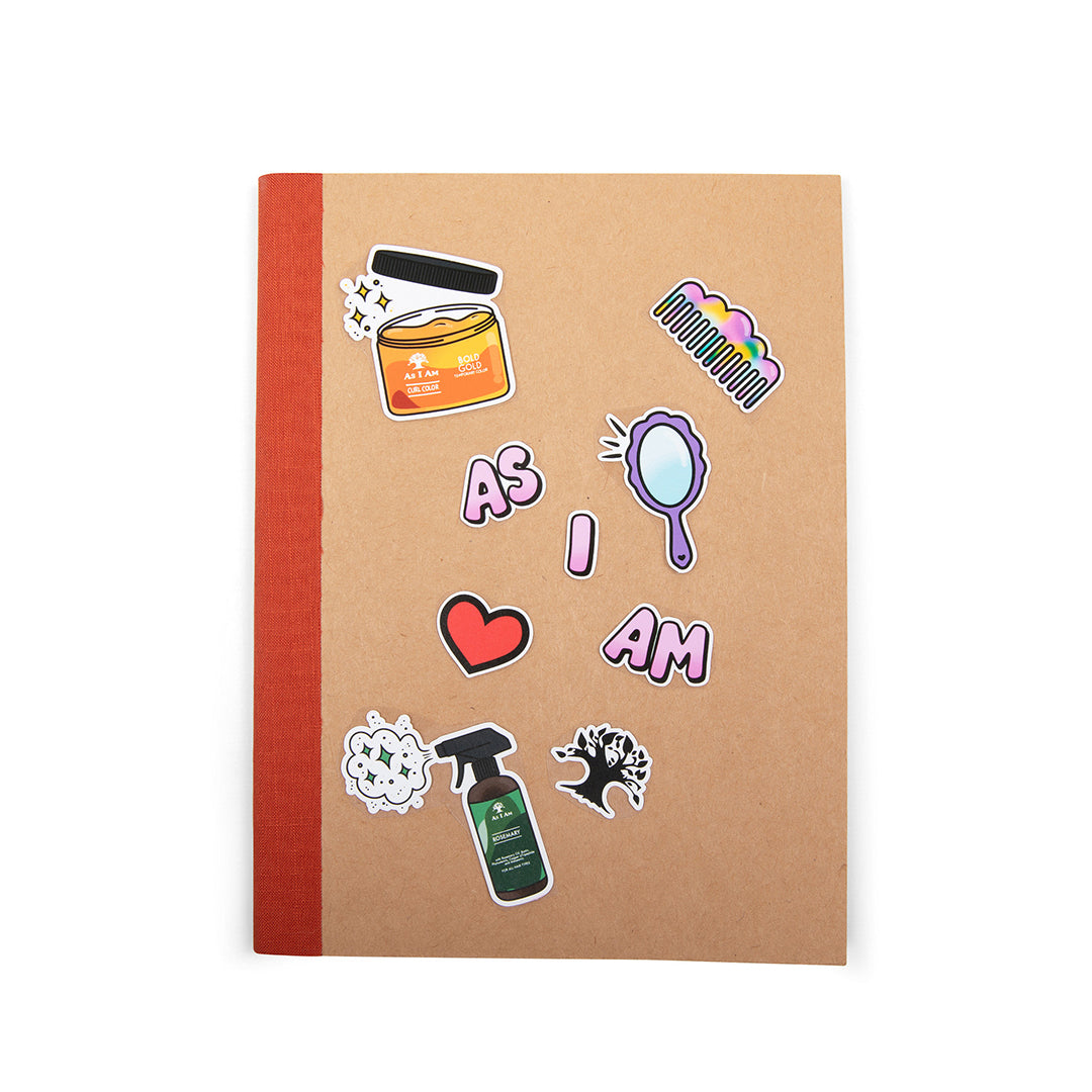 Pegatinas de la marca As I Am en un cuaderno - imagen cuadrada con diseños coloridos y empoderadores que celebran el cabello natural y la autoexpresión, perfectas para decorar objetos personales.
