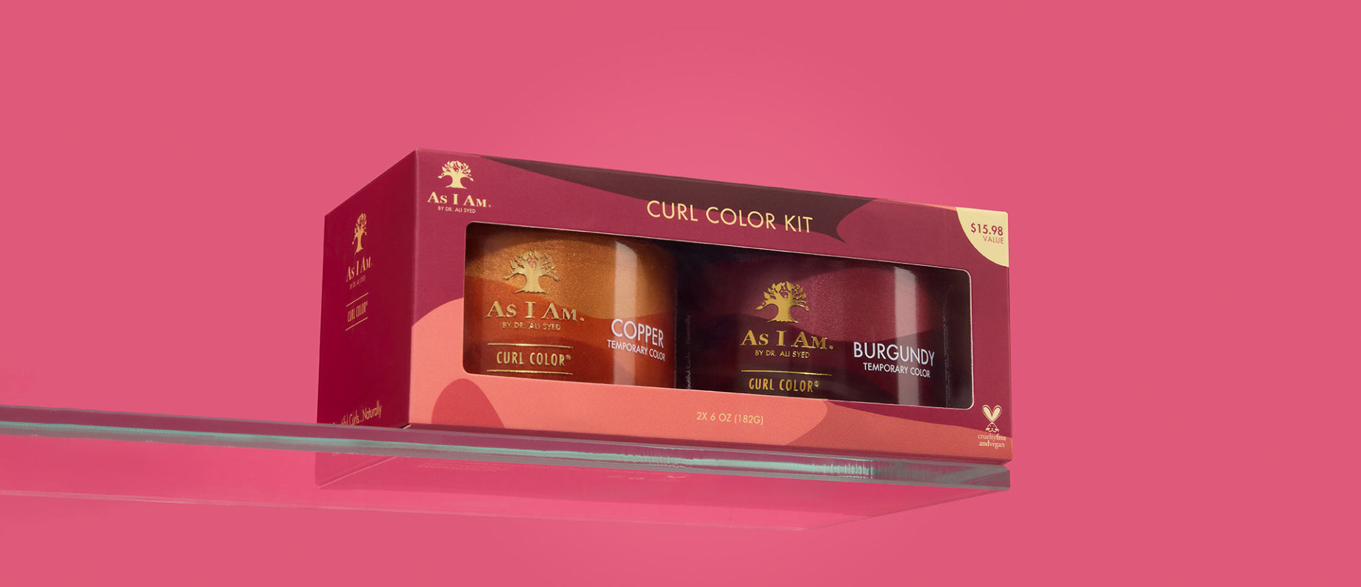 As I Am x Showy Curl Color Kit - set de geles de coloración temporal diseñados para realzar los rizos con pigmentos intensos y brillo, en formato horizontal con envase de marca compartida.