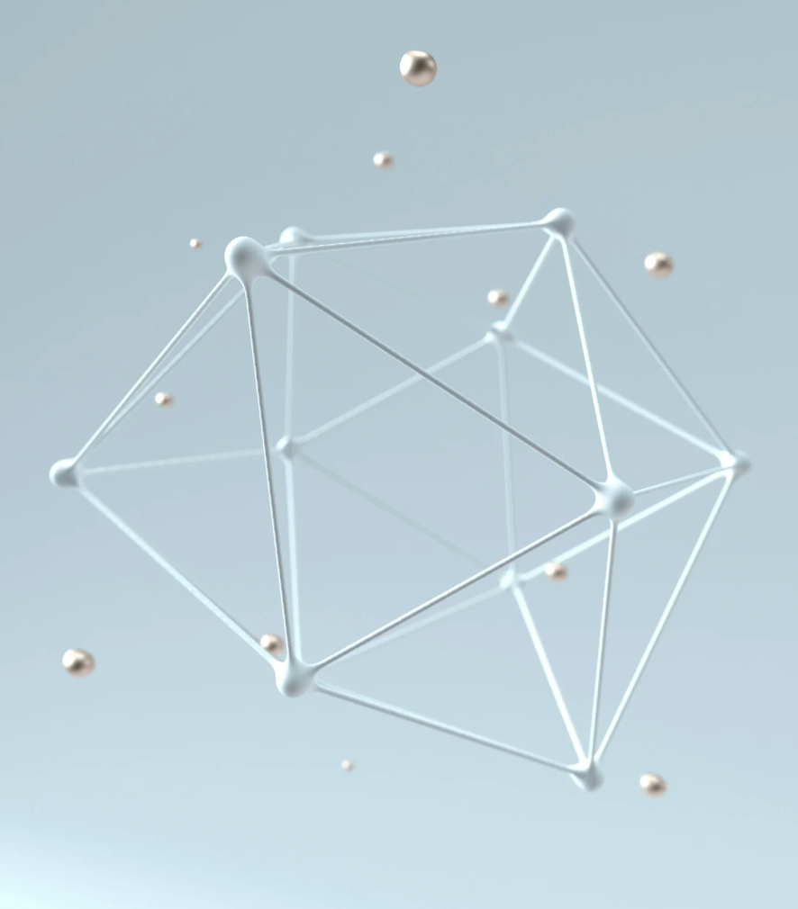 Estructura geométrica con barras blancas y esferas plateadas sobre fondo azul claro