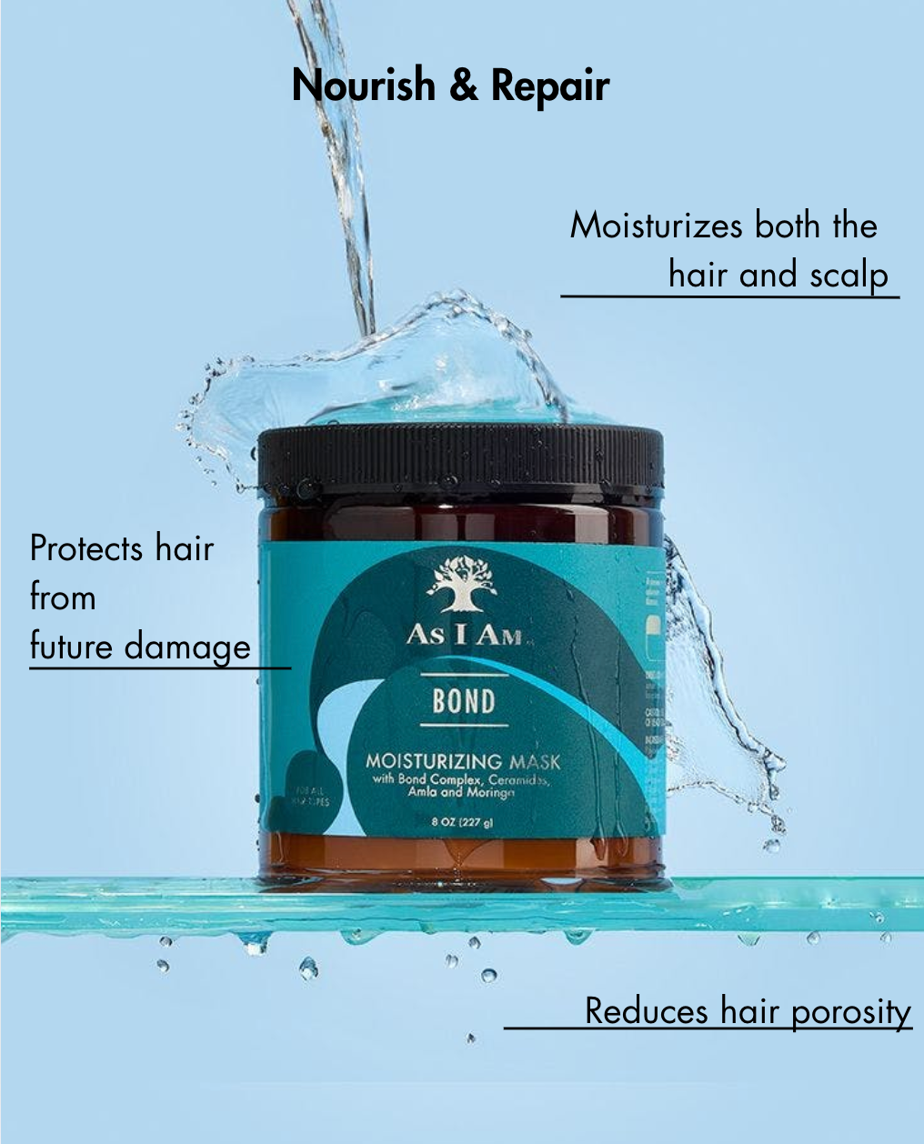 Tarro de mascarilla hidratante As I Am Bond con gotas de agua sobre fondo azul