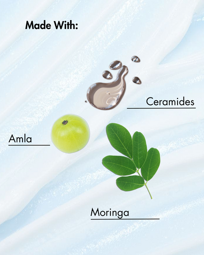 Etiqueta de producto con Amla, Moringa y Ceramidas sobre fondo azul claro