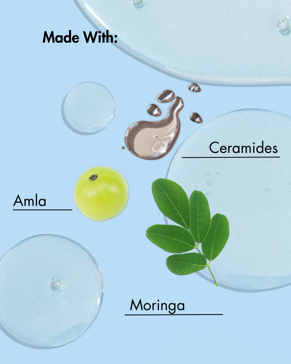 Ingredientes utilizados en un producto para el cuidado de la piel sobre fondo azul claro