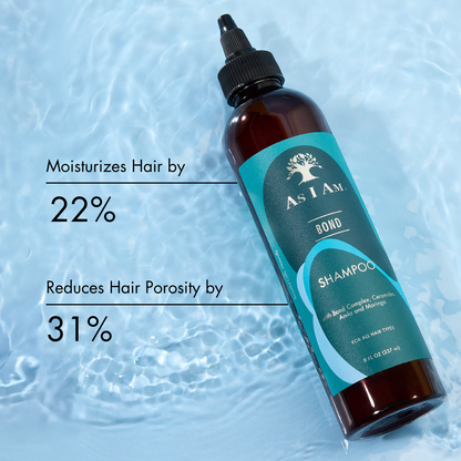 Champú Bond de As I Am - Champú fortalecedor y reparador diseñado para todo tipo de cabellos. Esta fórmula nutritiva ayuda a restaurar la estructura natural del cabello, dejándolo suave, sano e hidratado. Perfecto para el cabello seco o dañado que necesita un impulso revitalizante.