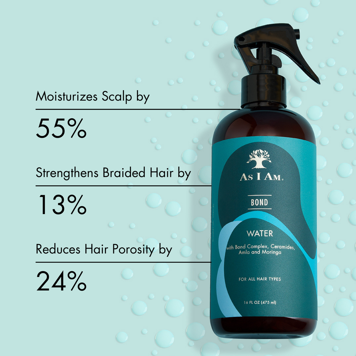Bond Water de As I Am - Un tratamiento capilar ligero que fortalece e hidrata. Formulado para mejorar la elasticidad del cabello, reducir la rotura y mejorar la retención de humedad, esta bruma revitalizante es perfecta para todo tipo de cabello, proporcionando un cabello suave y de aspecto saludable.