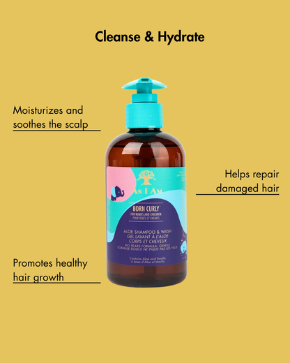 Botella de producto para el cuidado del cabello Born Curly sobre fondo amarillo con texto sobre sus beneficios.
