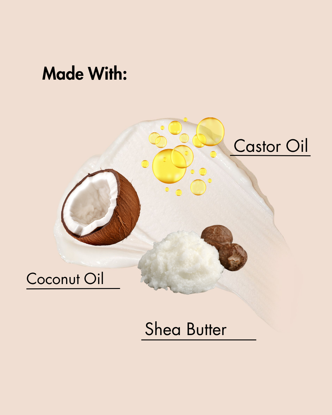 Ingredientes utilizados en un producto presentado con coco, aceite de ricino y manteca de karité sobre fondo beige.