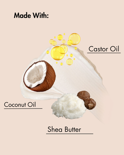 Ingredientes utilizados en un producto, incluidos el aceite de coco, la manteca de karité y el aceite de ricino, sobre un fondo beige.