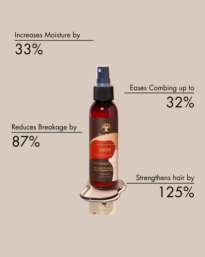 Botella de producto para el cuidado del cabello con texto que destaca sus beneficios sobre fondo beige.