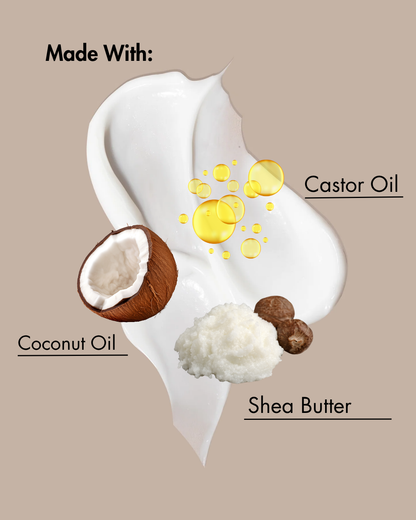 Ilustración de un producto para el cuidado de la piel con aceite de coco, manteca de karité y aceite de ricino etiquetado sobre fondo beige.