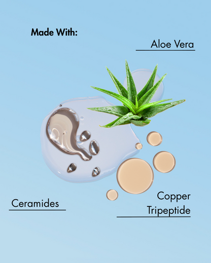 Ingredientes del producto mostrados sobre un fondo azul con aloe vera, ceramidas y tripéptido de cobre.