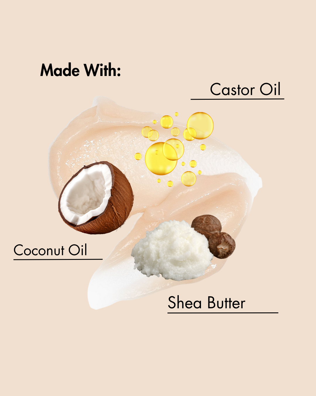 Ingredientes utilizados en un producto sobre fondo beige con etiquetas de texto.