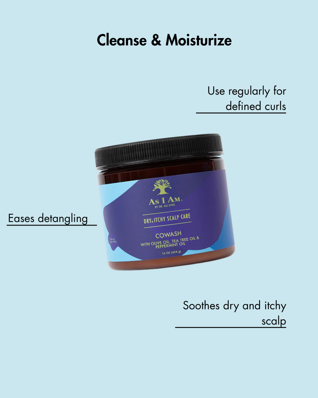Tarro de producto para el cuidado del cabello As I Am sobre fondo azul claro con texto sobre sus beneficios.